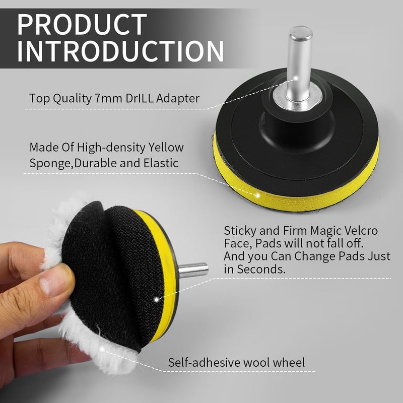 Quadafy 7 Piece 3 Inch Wool Buffing Pad, Drill Buffer Connecting M10 Drill Adapter, Buffing Pads, for Car Polishing and Waxing, Painting Tabletops, Old Leather Sofas, Tile Polishing - Image 5